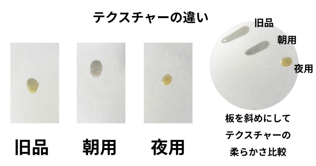 ディプティック サテンオイル 旧品・朝用・夜用のテクスチャー比較